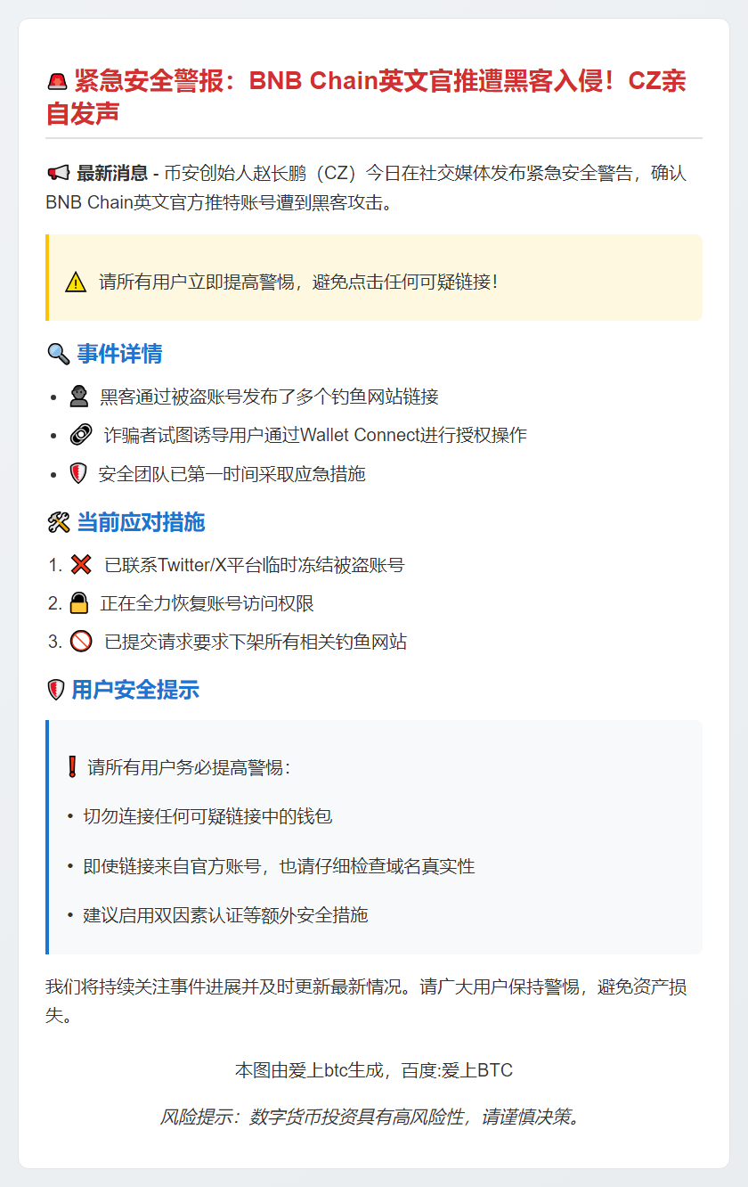 CZ：冻结BNB官推并关闭钓鱼网站