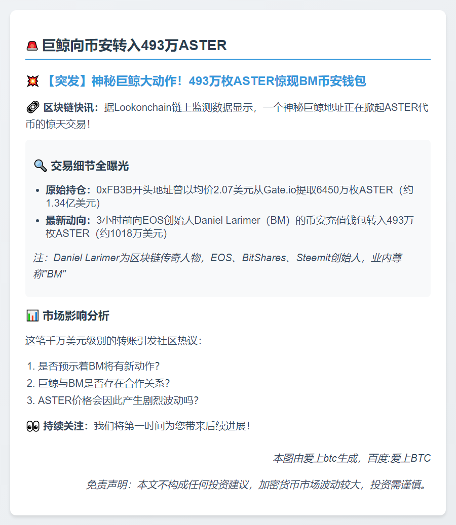 巨鲸向币安转入493万ASTER
