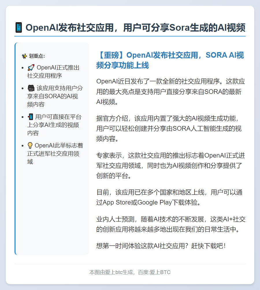 OpenAI推出SORA视频社交应用