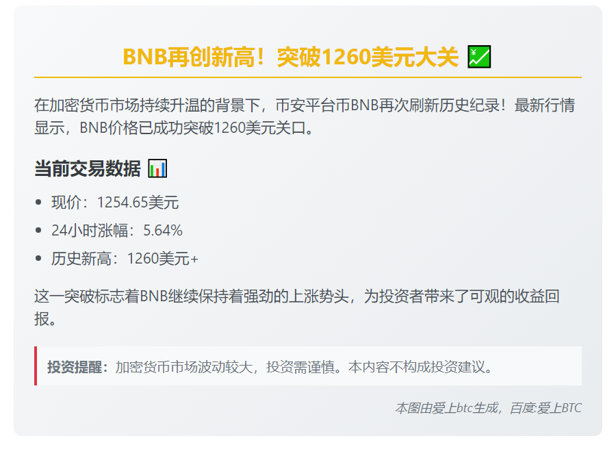 BNB突破1260美元创历史新高