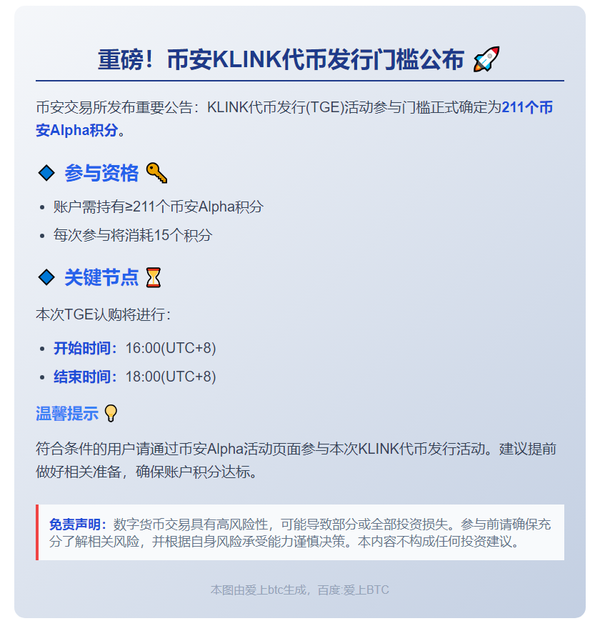 币安KLINK TGE门槛：211 Alpha积分
