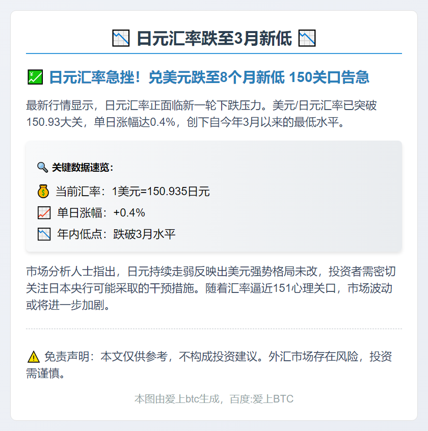 日元汇率跌至3月新低