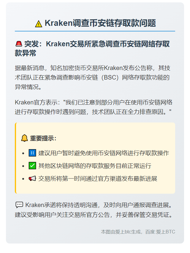 Kraken调查币安链存取款问题