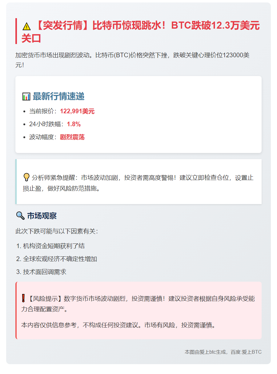 BTC跌破12.3万美元