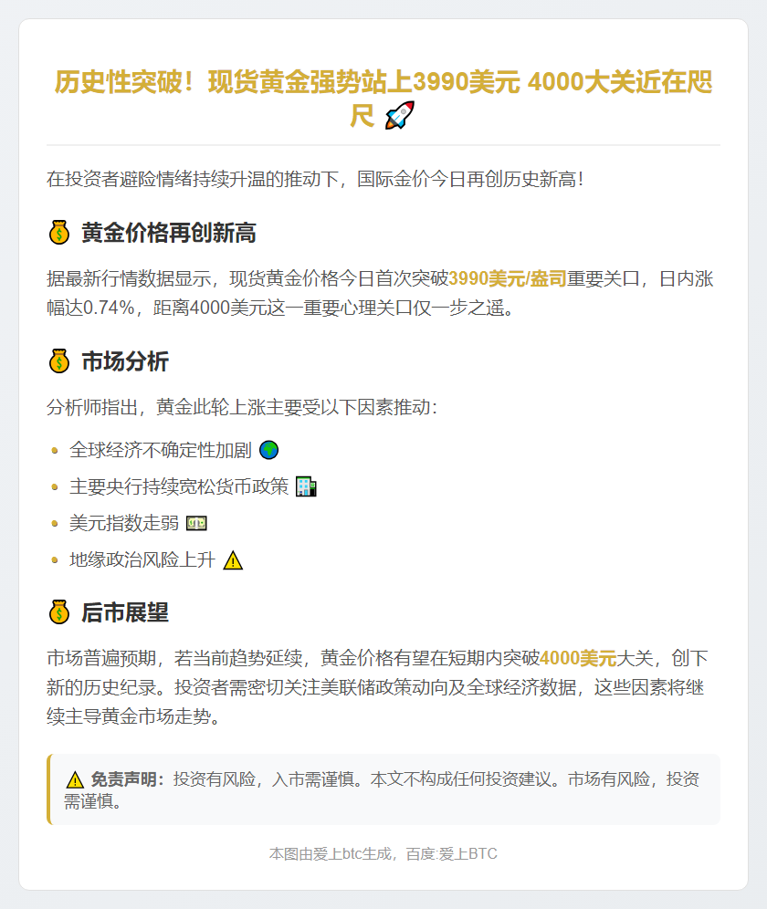 黄金首破3990美元