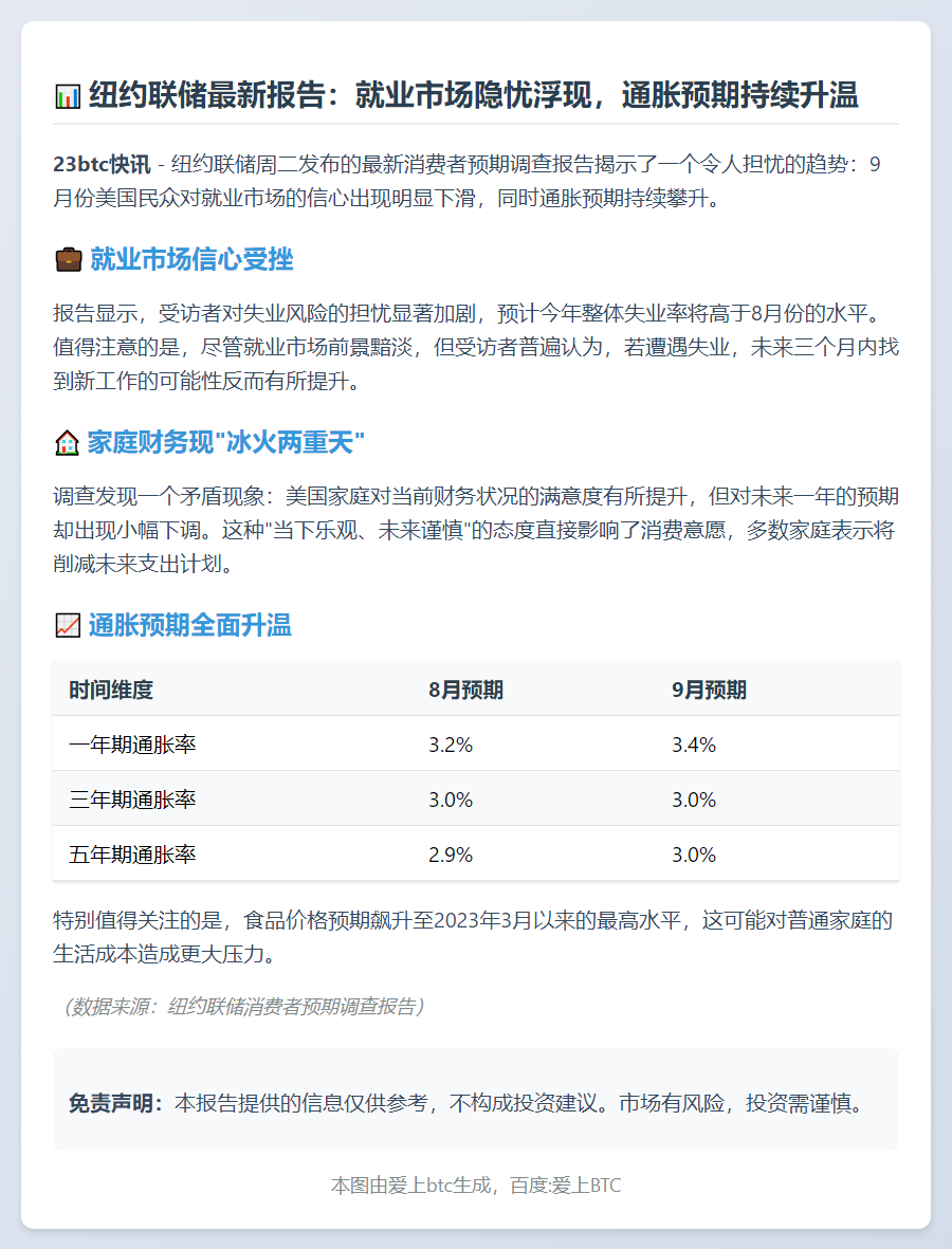 纽约联储：9月就业担忧加剧 通胀预期微升