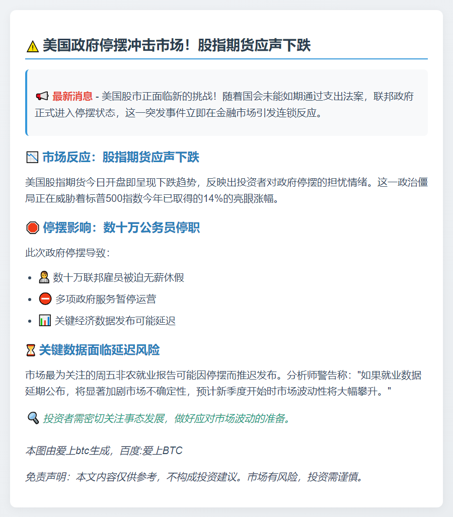 美政府停摆冲击市场 股指期货下挫