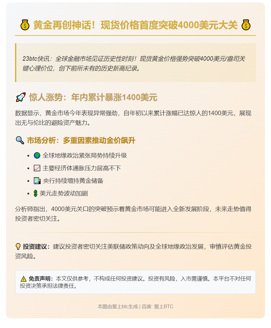 黄金突破4000美元创历史新高
