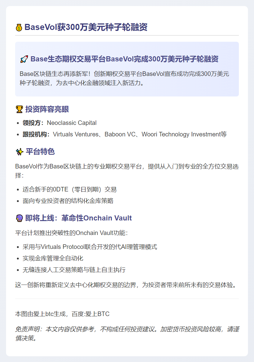 BaseVol获300万美元种子轮融资，Neoclassic领投