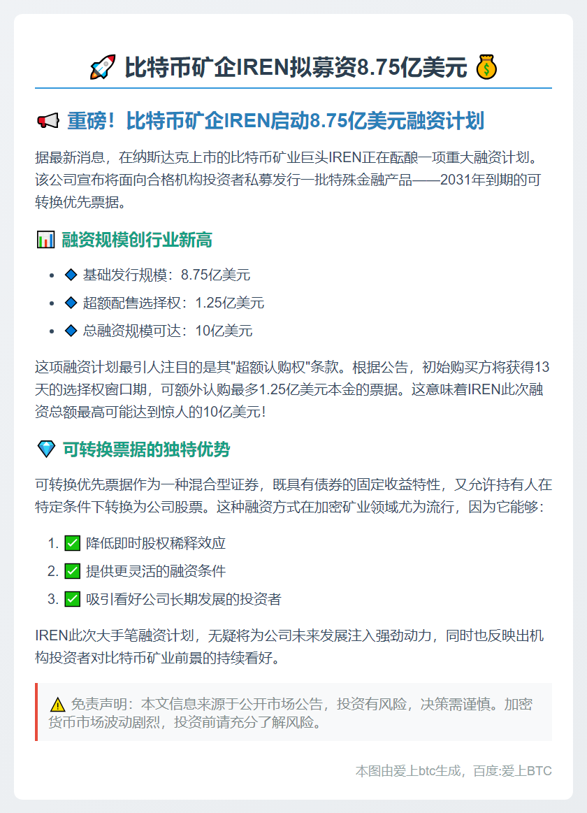 比特币矿企IREN拟募资8.75亿美元