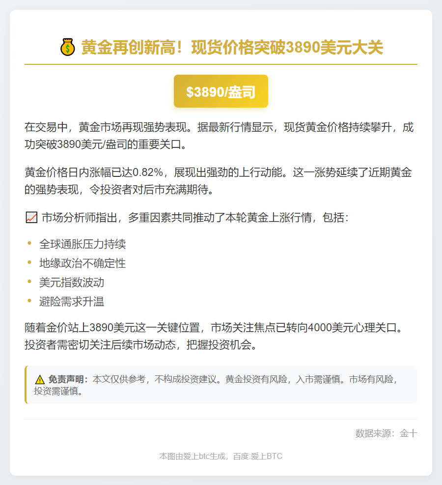 黄金现货涨至3890美元