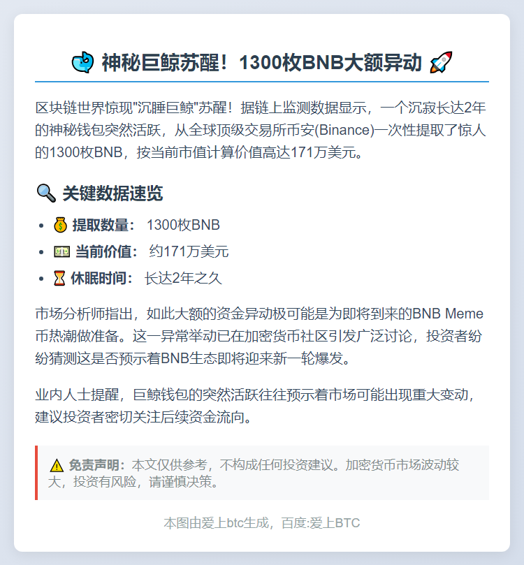 沉寂2年钱包突提1300枚BNB