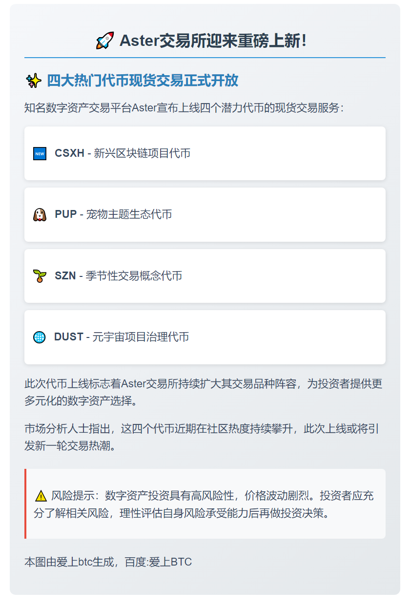 Aster上线CSXH等4币现货交易