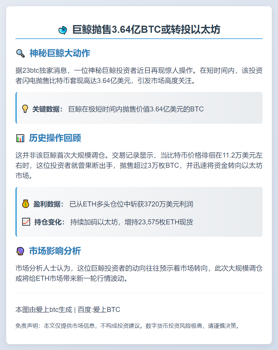 巨鲸抛售3.64亿BTC或转投以太坊