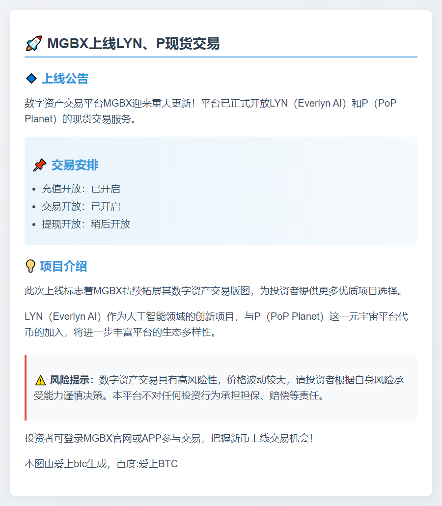 MGBX上线LYN、P现货交易