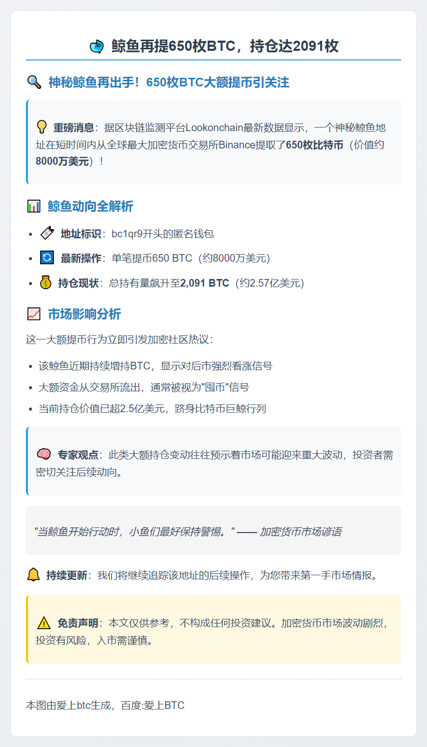 鲸鱼再提650枚BTC，持仓达2091枚