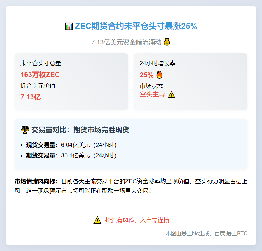 ZEC期货未平仓头寸7.13亿，日增25%