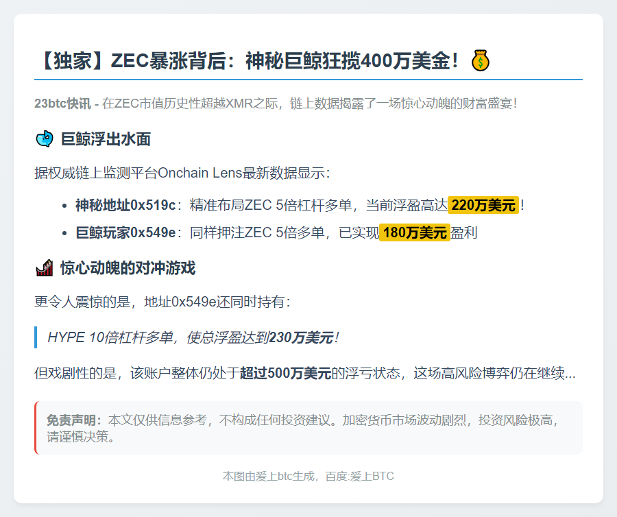 两巨鲸ZEC多单获利超400万