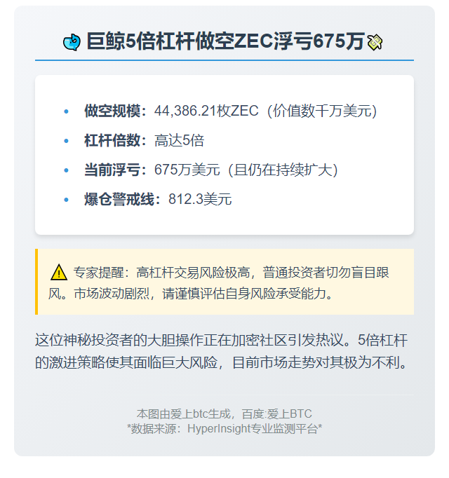 鲸鱼5倍杠杆做空ZEC浮亏675万