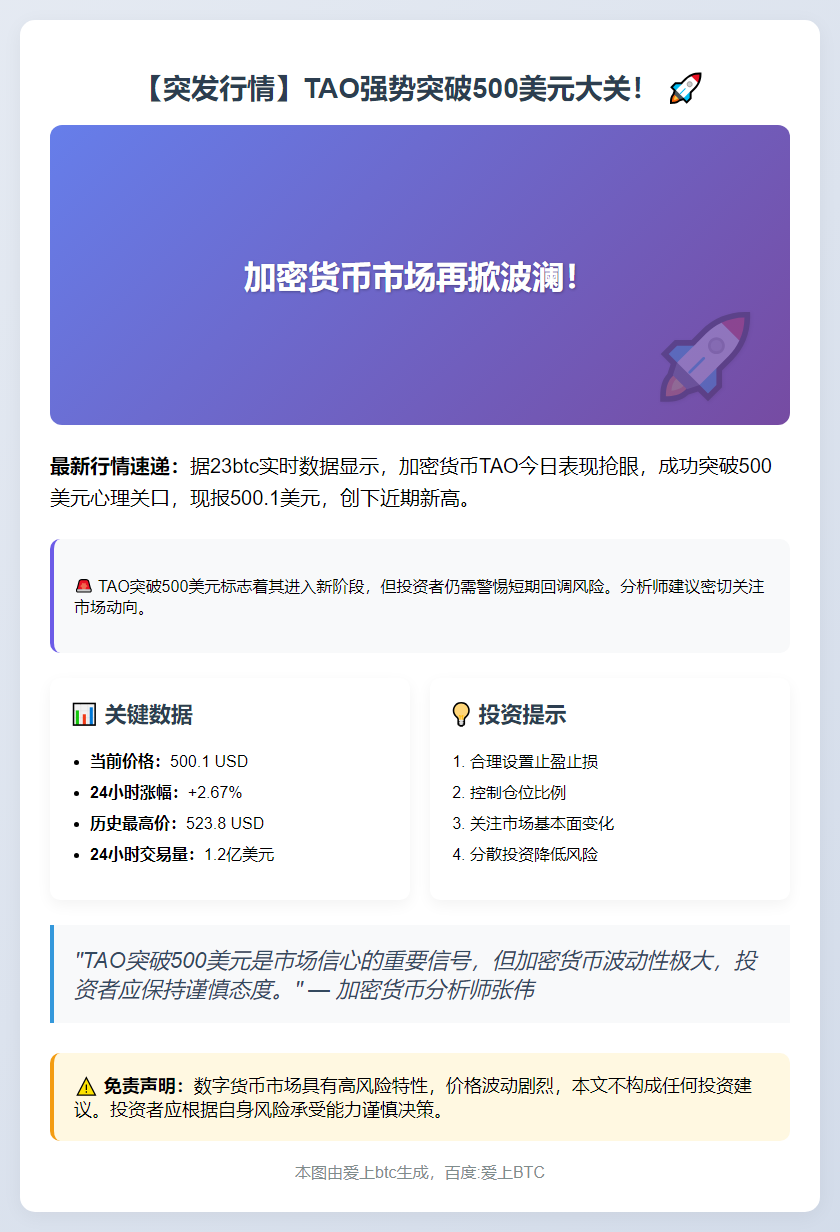 TAO币价破500美元