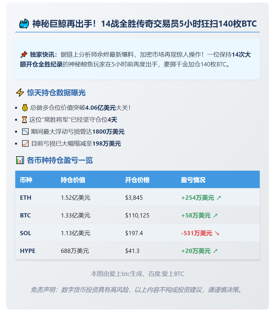 鲸鱼加仓140枚BTC，4.06亿做多