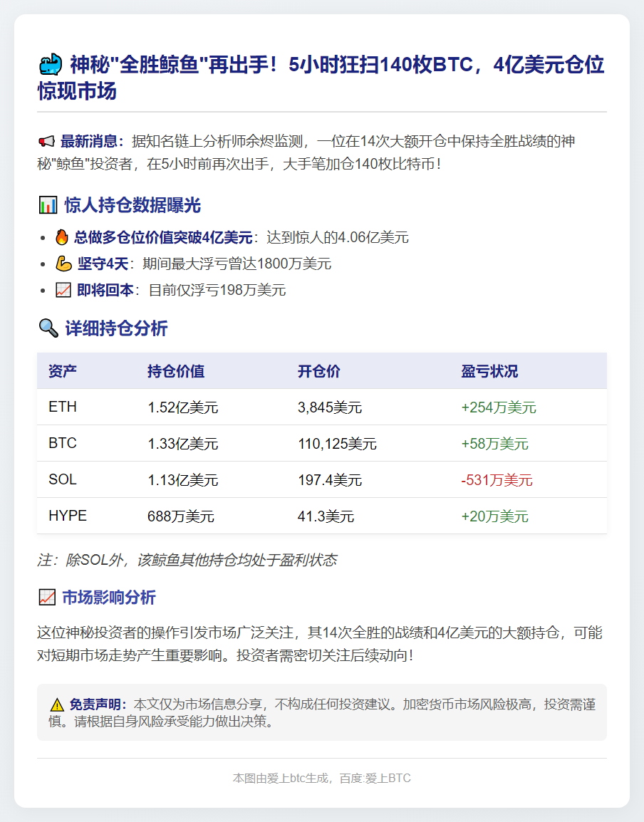 鲸鱼14连胜加仓140枚BTC，持仓4.06亿