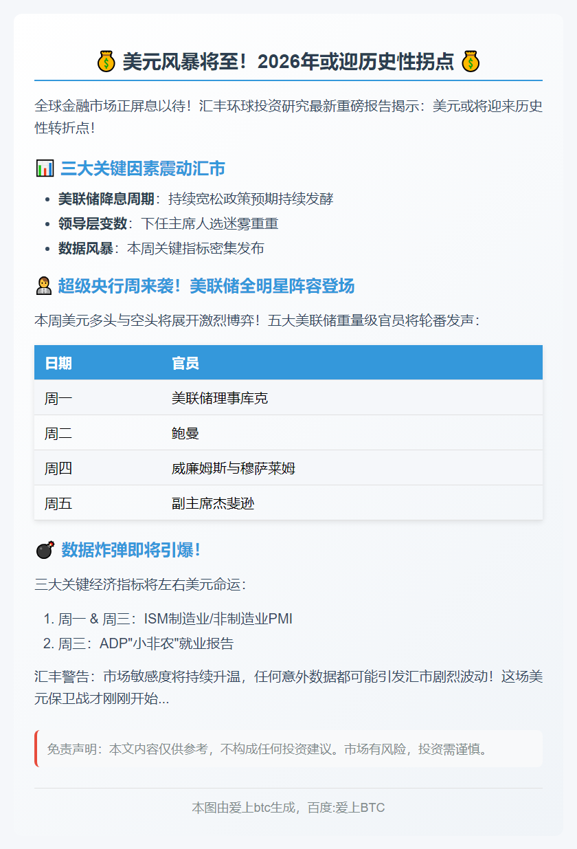 汇丰：美元或2026年初触底 聚焦美联储讲话