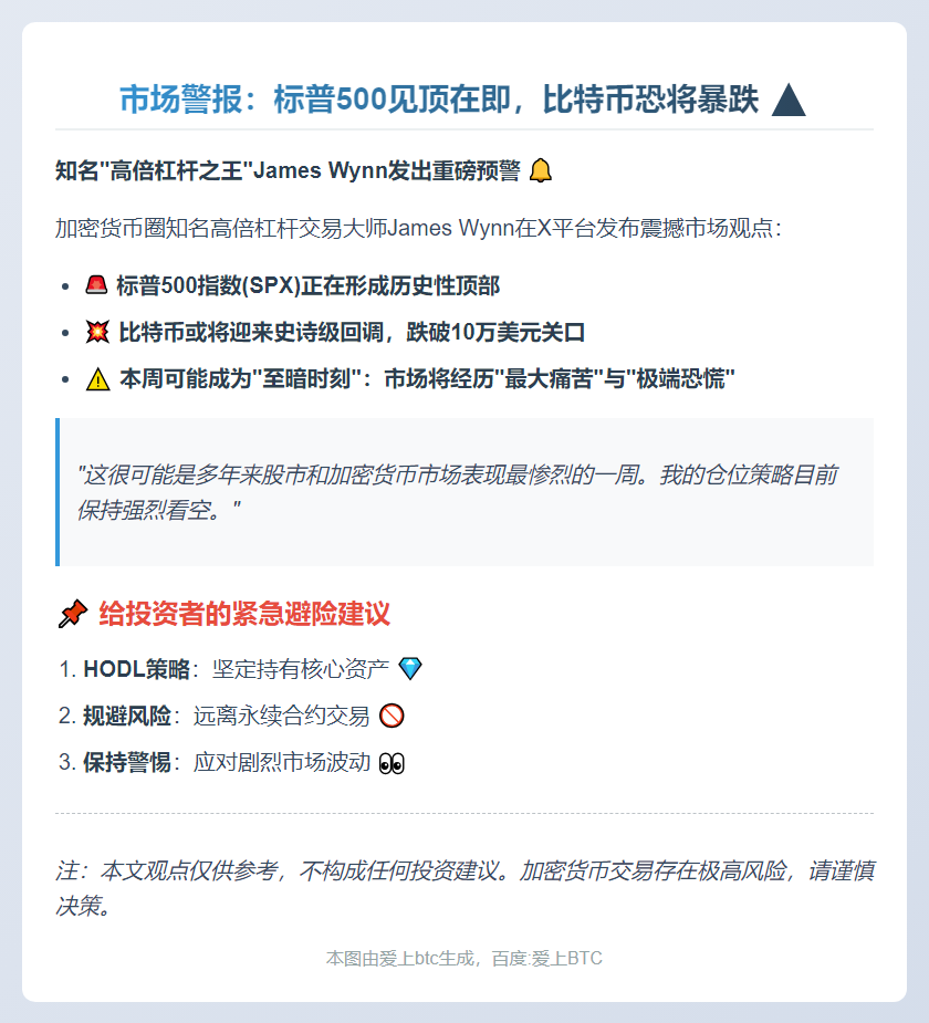 标普500见顶，比特币或跌破10万