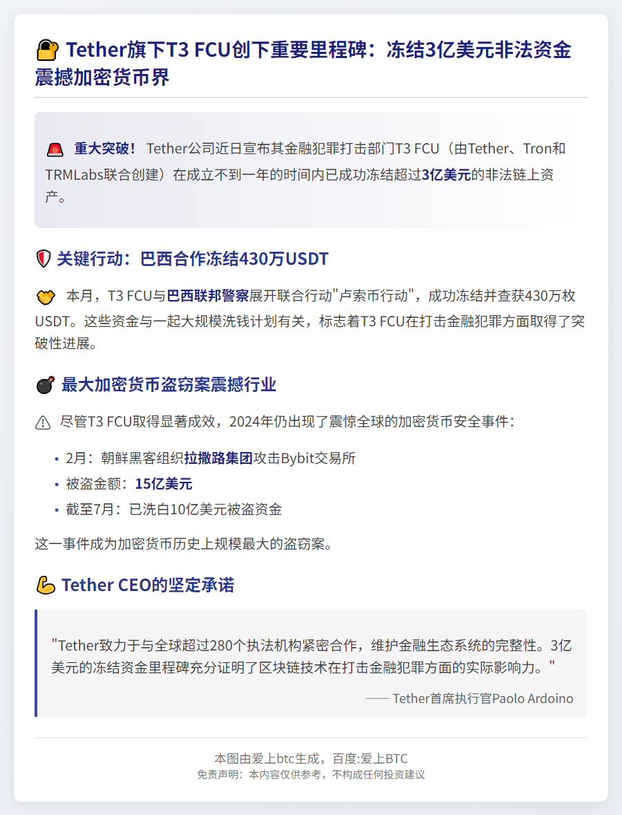Tether冻结3亿美元非法资金