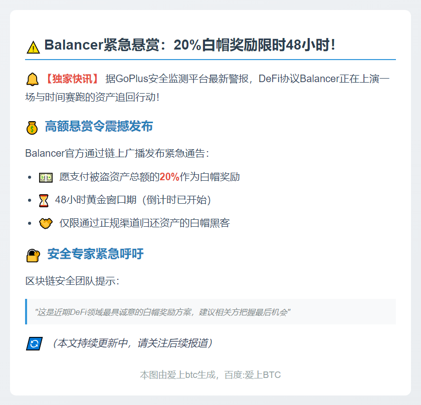 Balancer悬赏20%追回被盗资产，限48小时