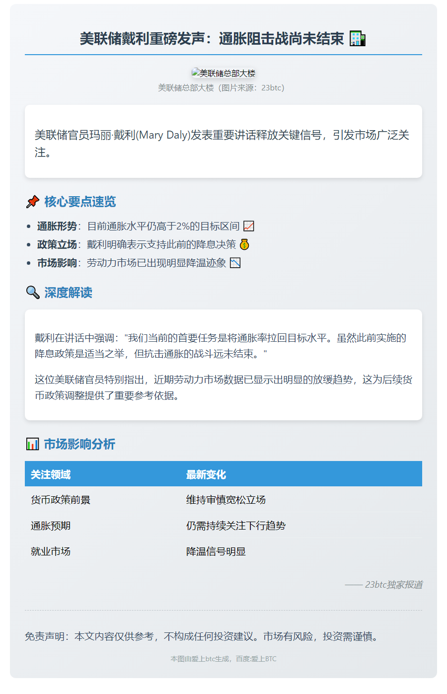 美联储戴利：需进一步降通胀