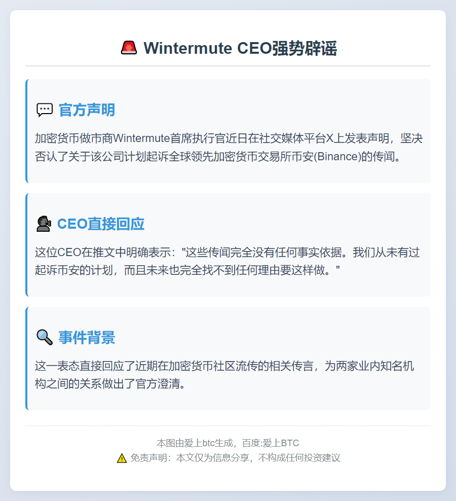 Wintermute CEO否认起诉币安传闻