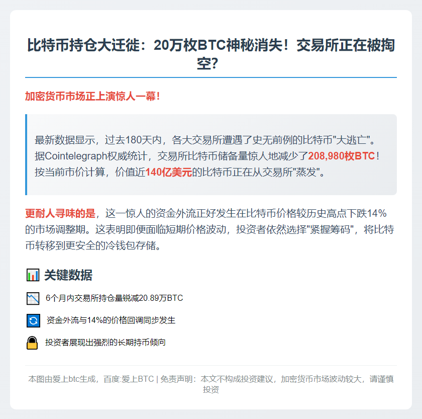 交易所比特币持仓量半年锐减20.9万枚