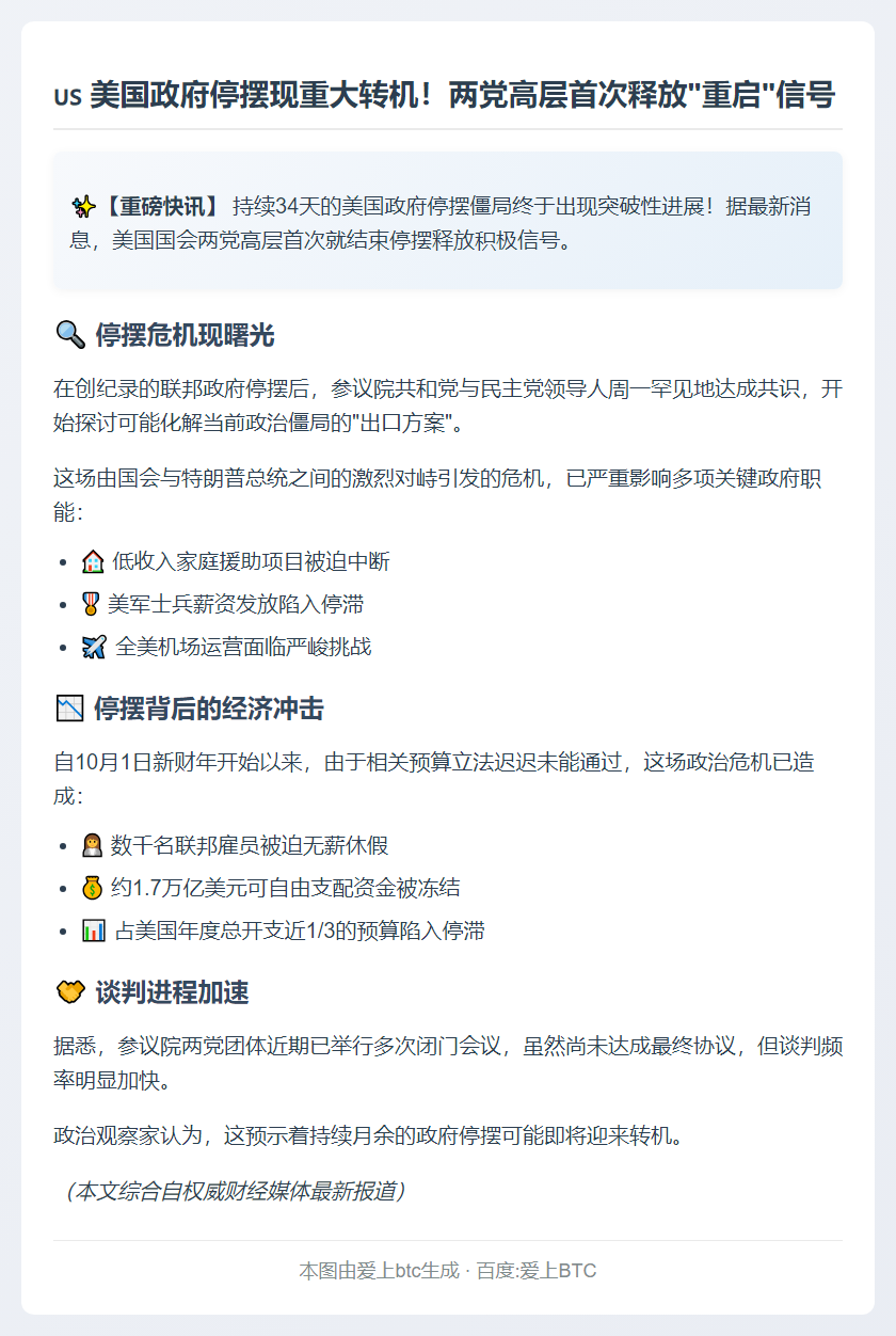 美政府停摆现转机，两党首放重启信号