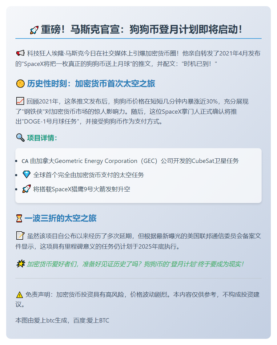 马斯克：狗狗币登月时机已到