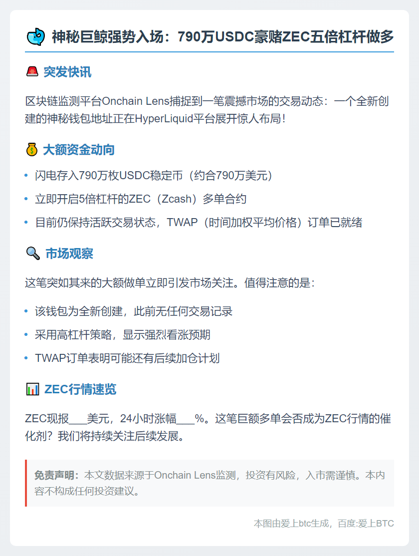 790万USDC存入HyperLiquid做多ZEC