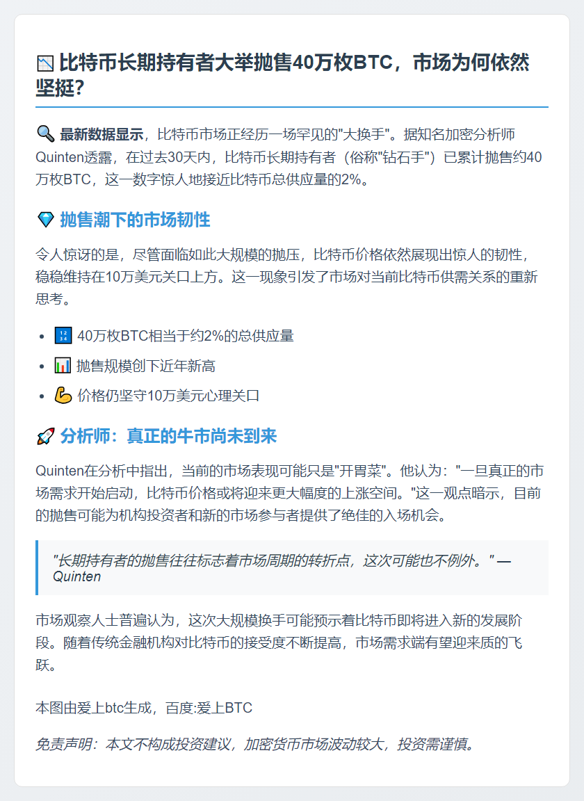 30日内40万枚BTC被长期持有者抛售