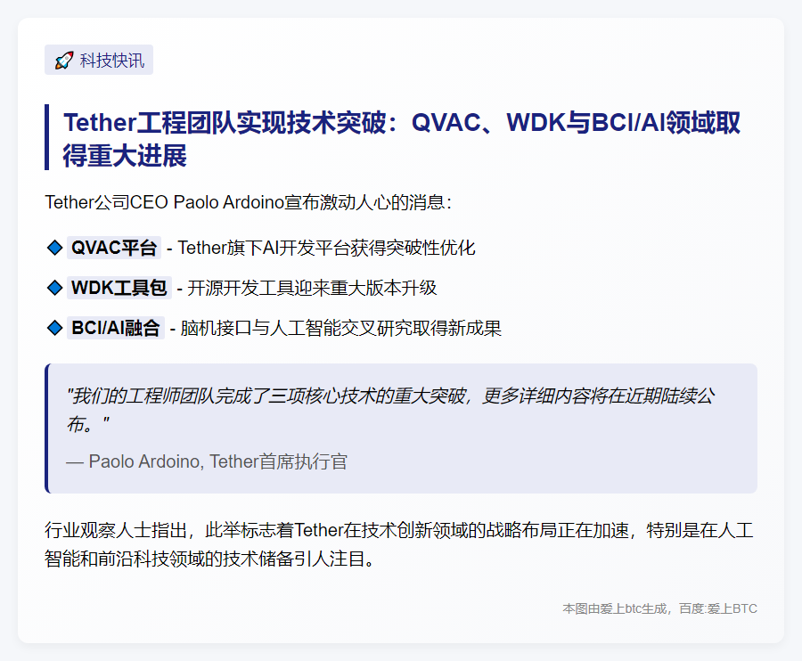 Tether CEO：团队在AI等领域获重大进展