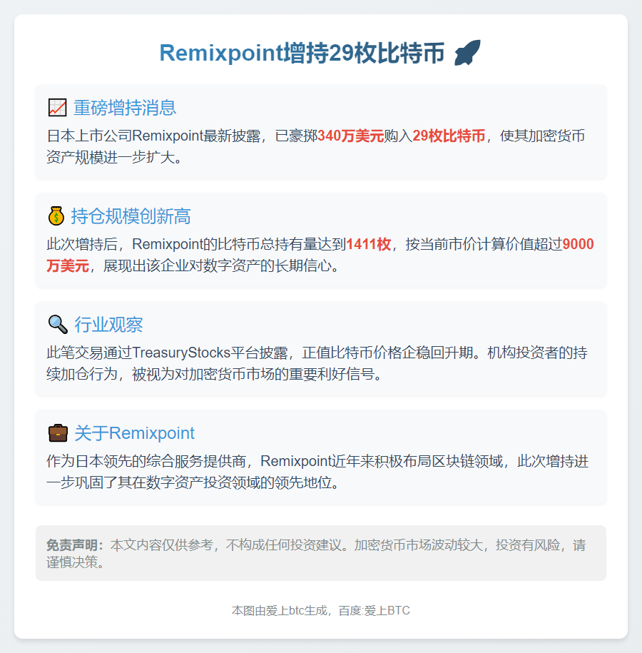 Remixpoint增持29枚比特币