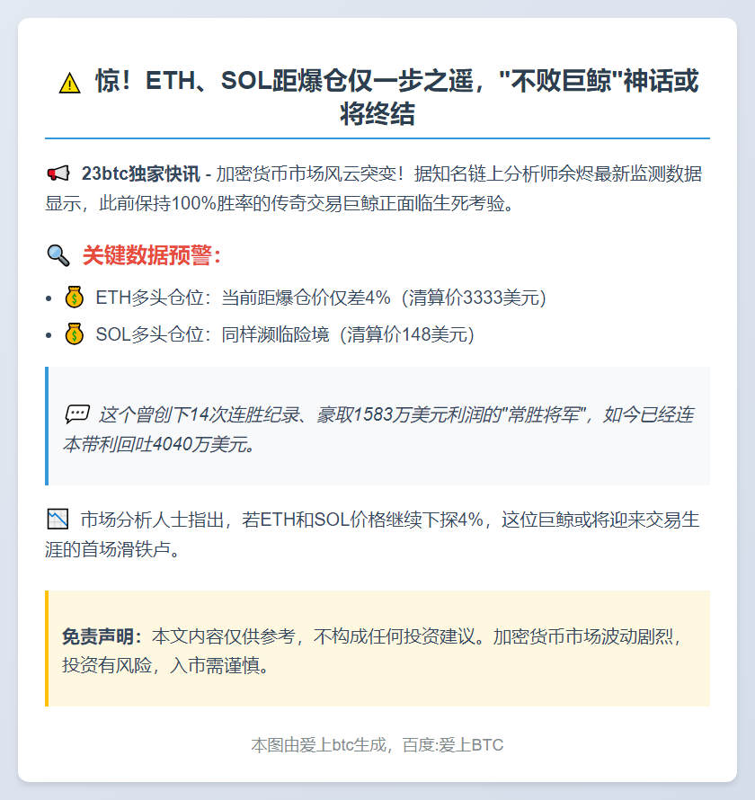 "100%胜率巨鲸ETH、SOL多单差4%爆仓"