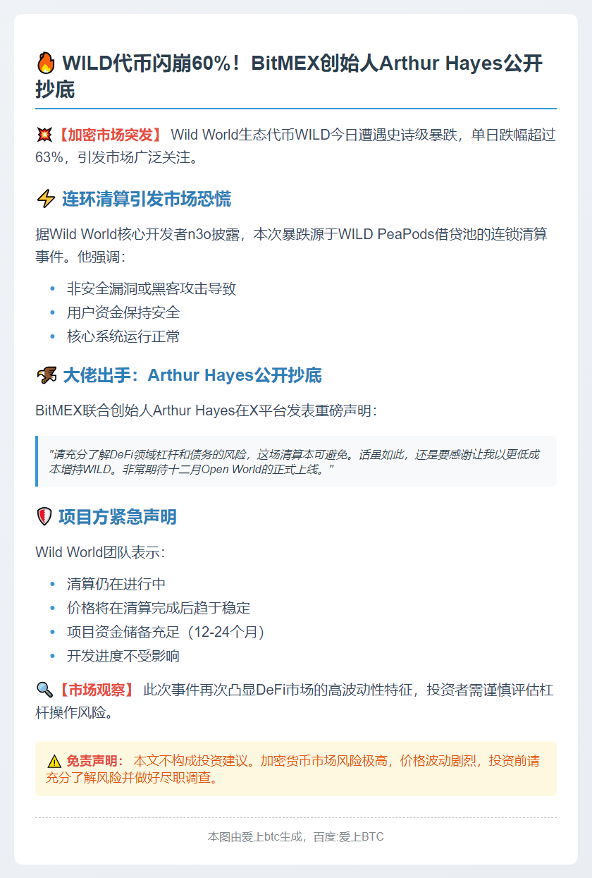 WILD暴跌60%，Arthur Hayes抄底