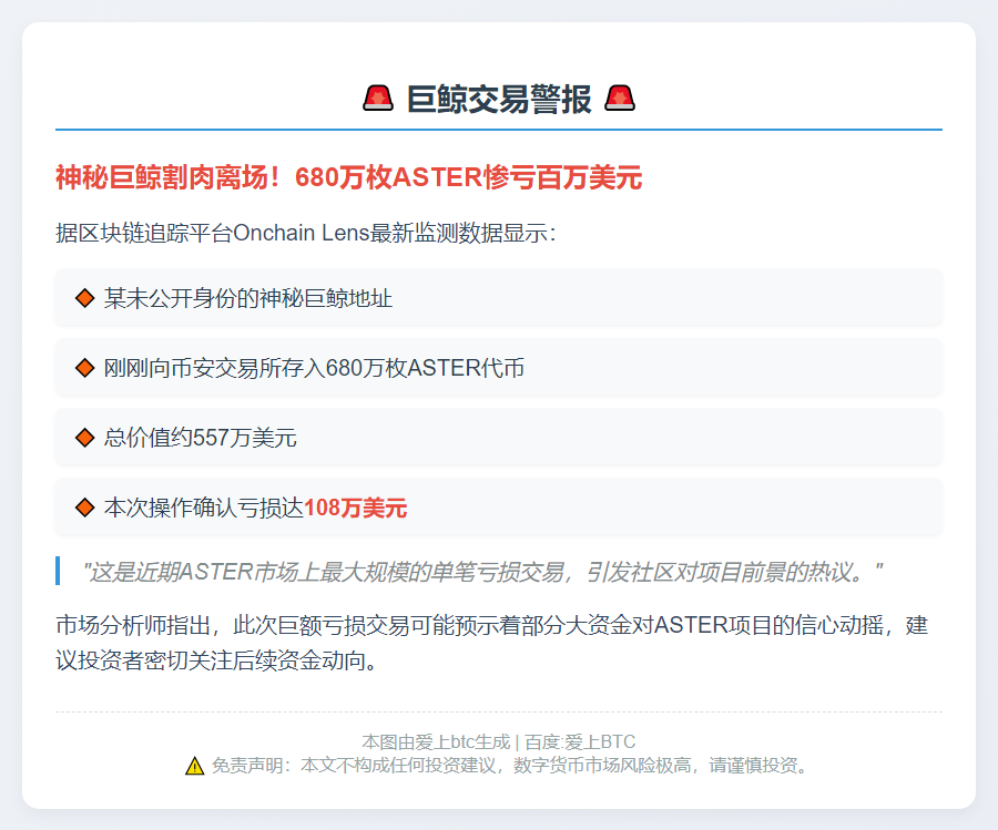 巨鲸亏108万回存680万枚ASTER