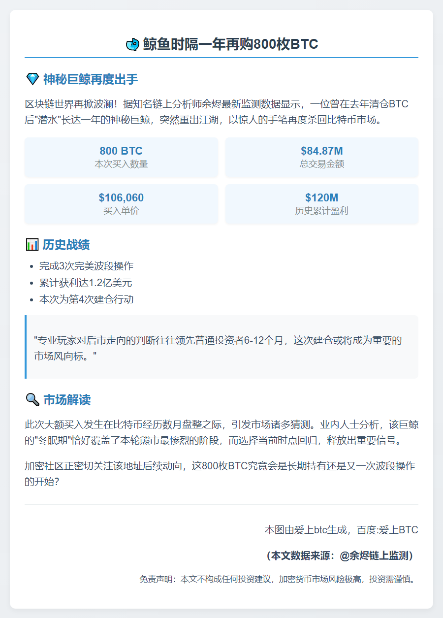 鲸鱼时隔一年再购800枚BTC