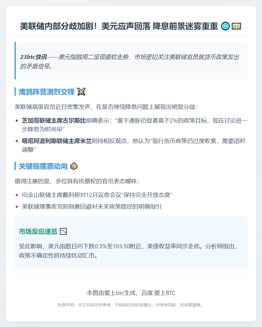 美联储内部分歧致美元微跌