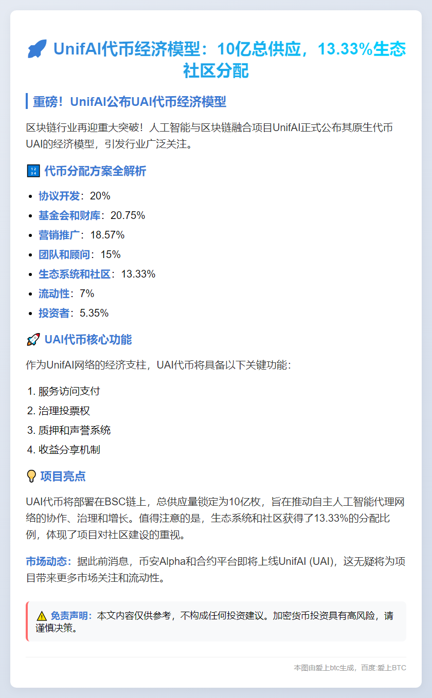 UnifAI代币经济模型：10亿总供应，13.33%生态社区分配