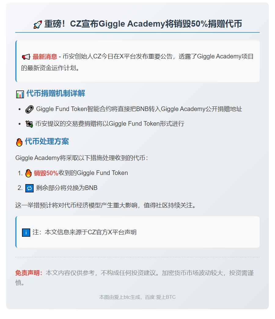 CZ：Giggle Academy销毁半数捐赠代币