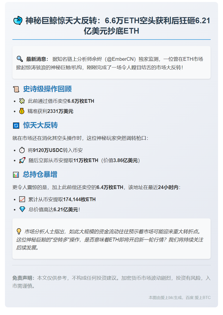 鲸鱼转多抄底6.6万枚ETH