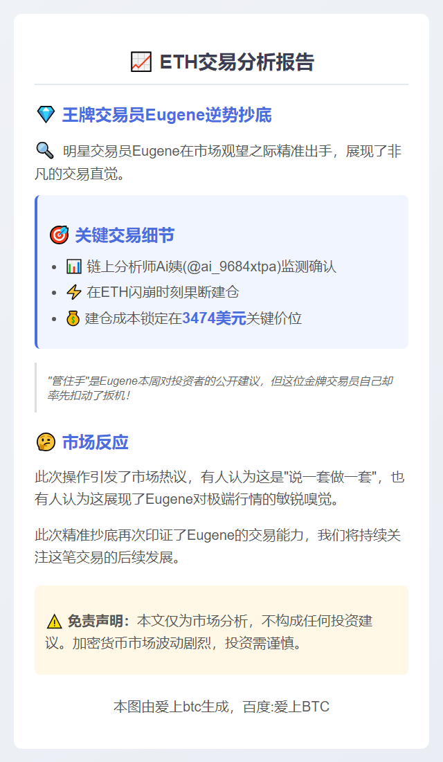 分析师Eugene低位做多ETH，成本3474美元