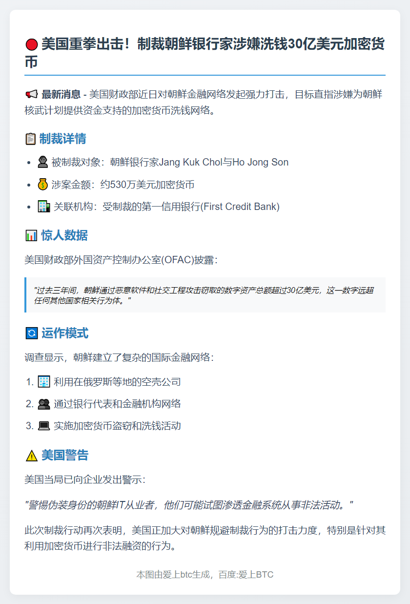 美制裁涉洗钱朝鲜银行家