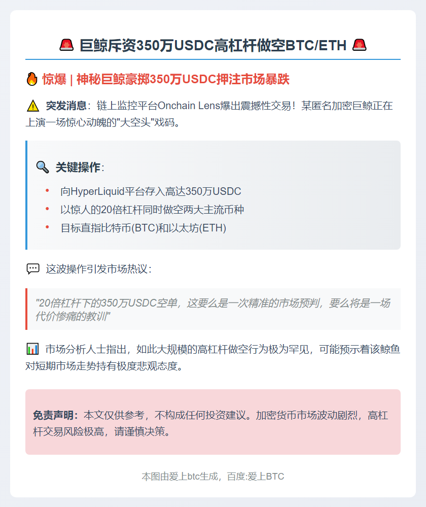 巨鲸斥资350万USDC高杠杆做空BTC/ETH